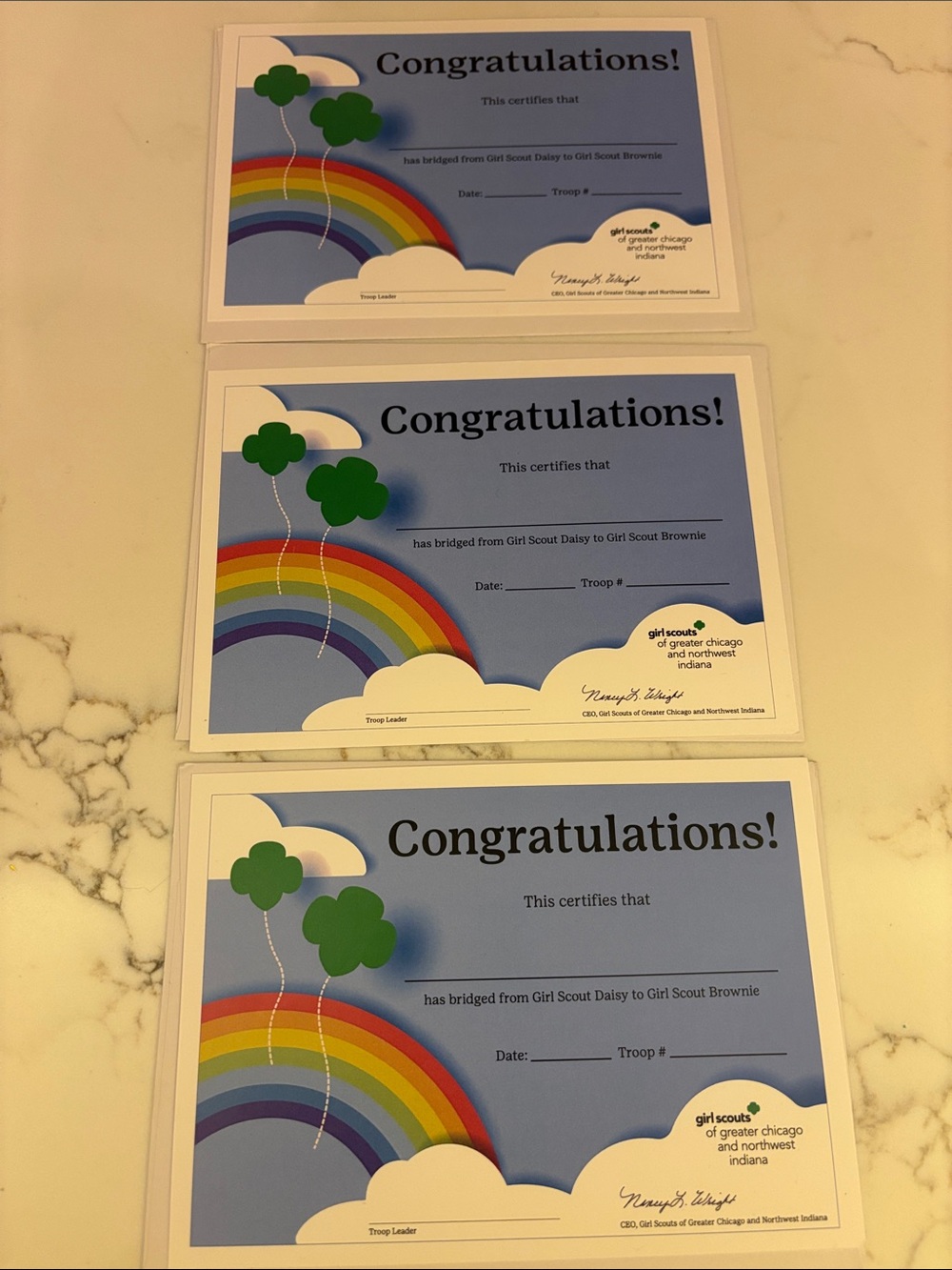 Girl Scout Daisy bridging to Brownie Certificates - Pack of 3